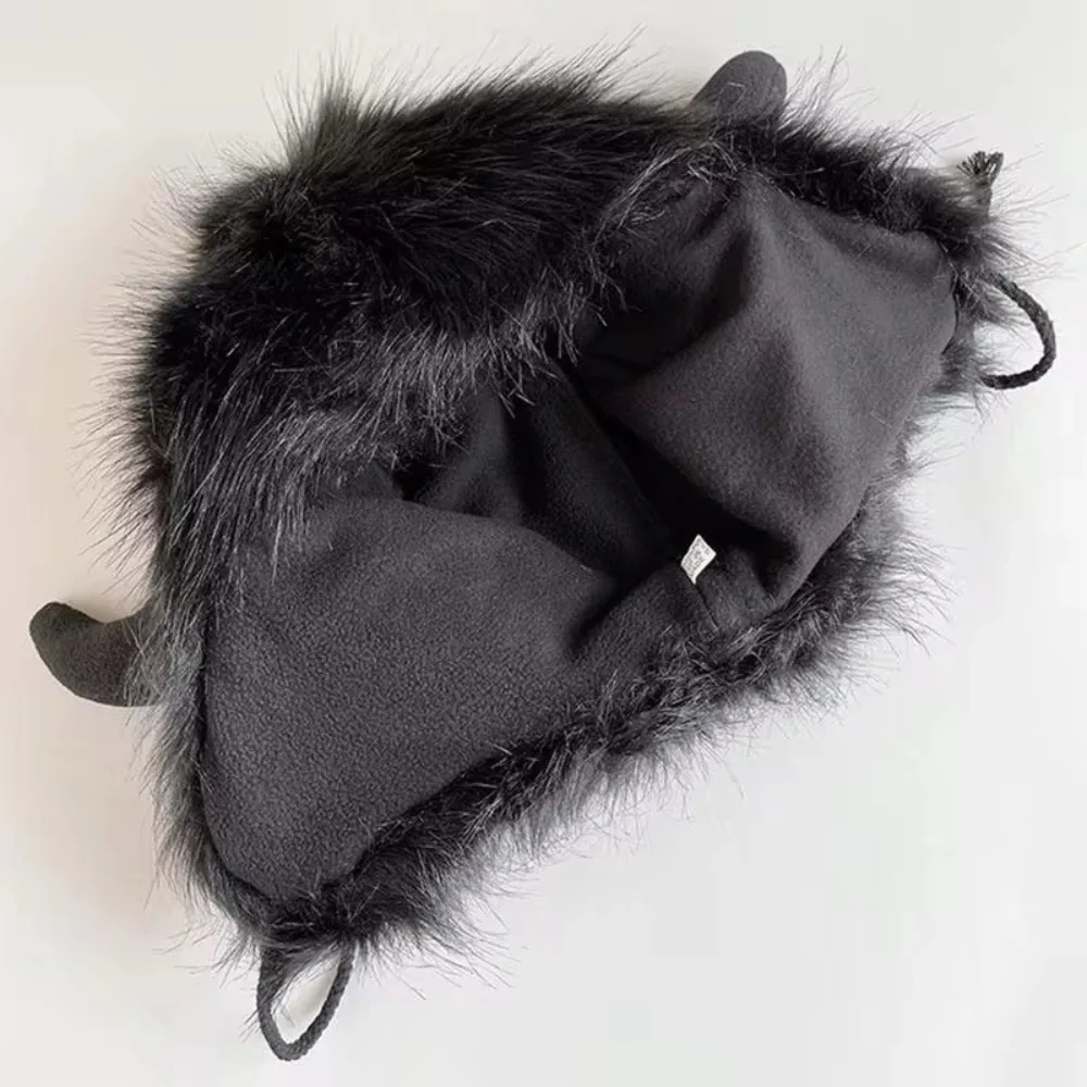 Bison Hat Plush Earflap Hat with Horns Unisex Winter Warm Ear Protection Personality Windproof Cold Riding Electric Car Cotton