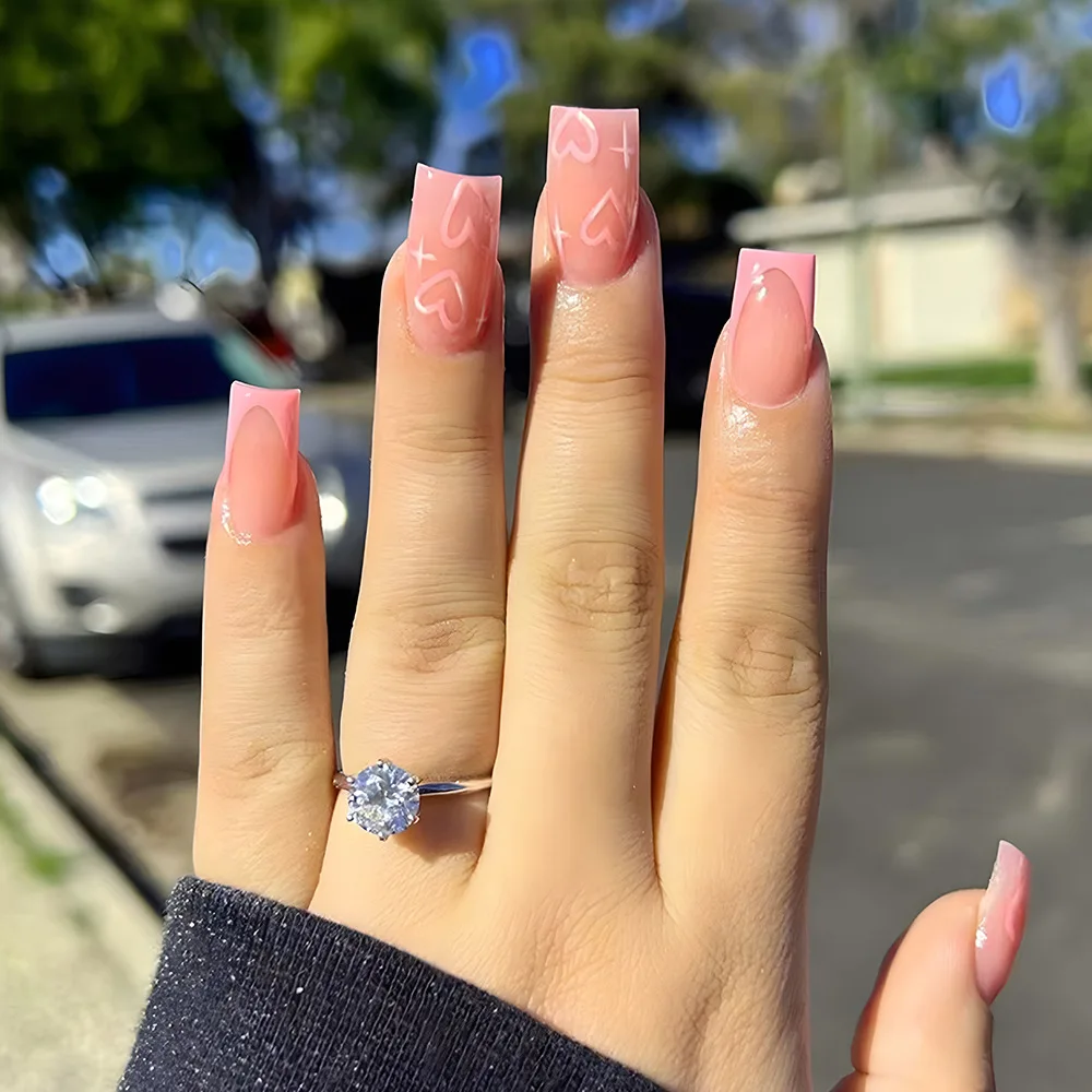 24枚入りミドルレングススクエアヘッドプレスオンネイル、ゴールデンシャイニーパウダーグラデーションフェイクネイル、取り外し可能なフルカバーネイルチップ