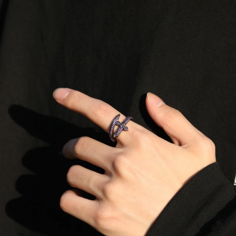 Hip Hop 5A+ CZ Stone Paved Bing Iced Out Sword of Justice Rings for Men Women Unisex Rapper Jewelry Gold Silver Black Color