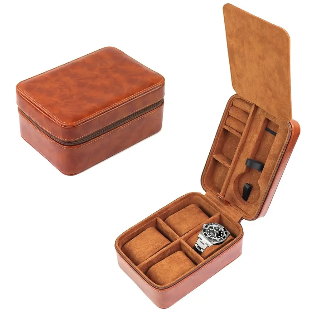 Watch Travel Case 5 Slots Hard Watch Storage Organizer With Tough Shockproof Pillow, Portable Zipper Watch Carry Case Fits Al