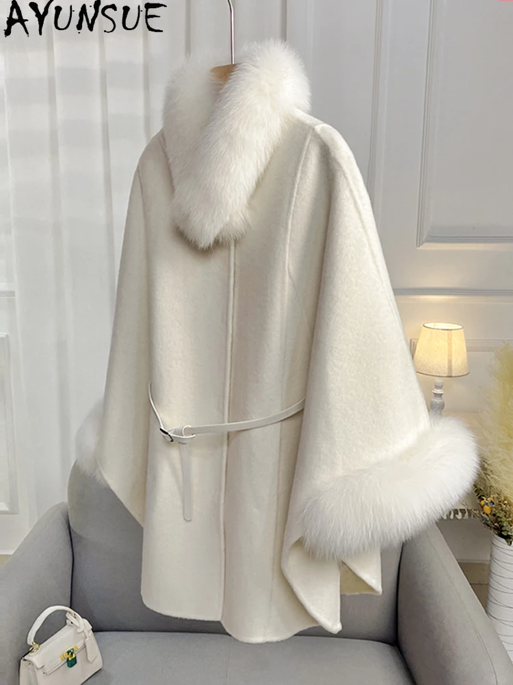 AYUNSUE Natural Cashmere Coat for Woman Fox Fur Double Sided Cashmere Coat Woman Clothes Loose Cloak Woolen Coat Autumn Winter