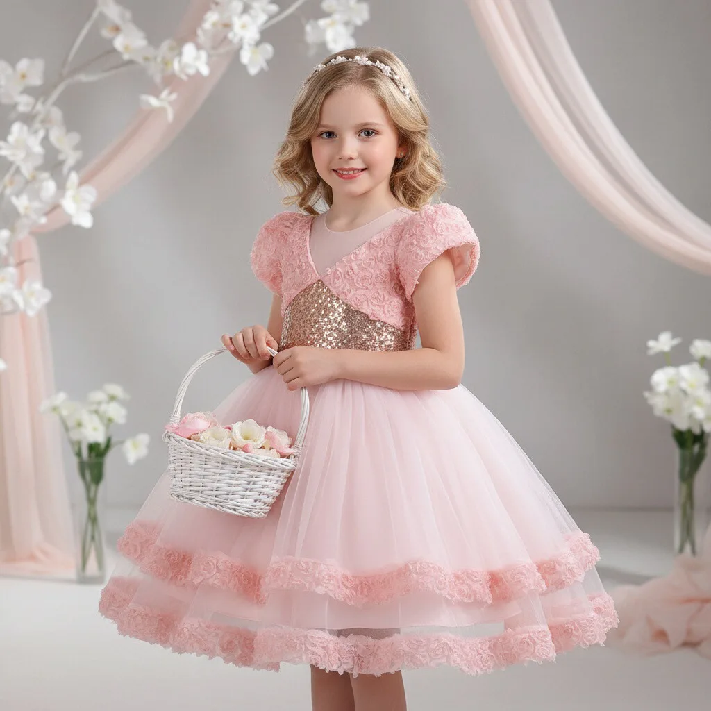 

Kids Formal Dress for Girls Toddler Short Sleeve Bubble Net Tulle Skirt Tutu Dress for School Dance Performance Costume