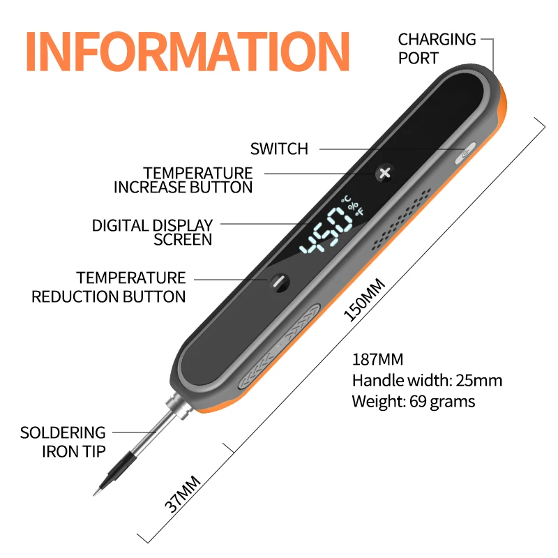 JCD Cordless Soldering Iron 5V 15W USB Type-C Rechargeable Mini Soldering Pen 3 Level Temp Control 450℃ Repair Welding Tool