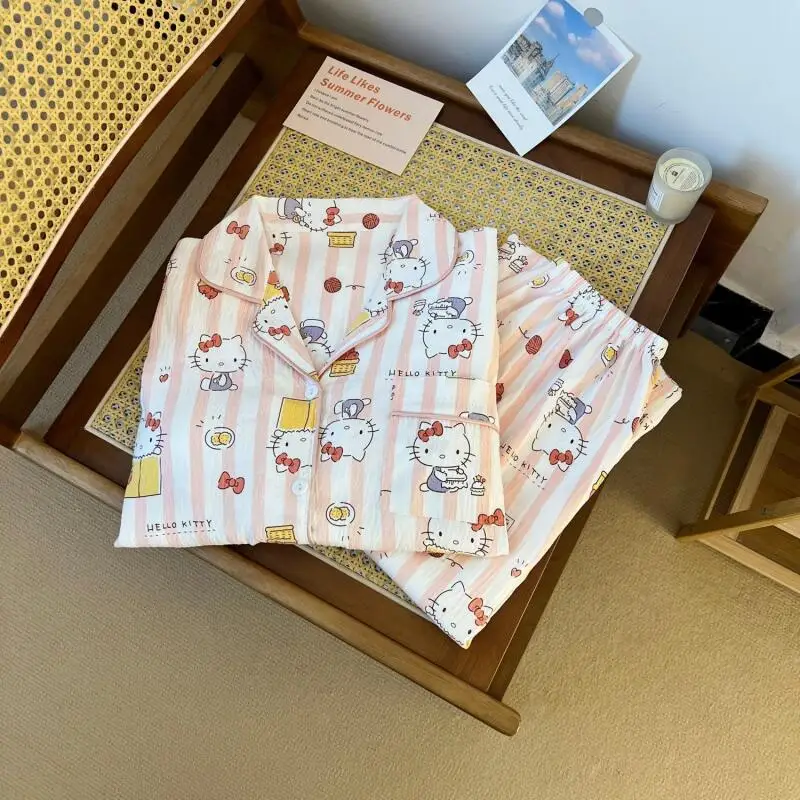 أطقم بيجامات نسائية من سانريو هالو كيتي ملابس نوم غير رسمية للخريف برسوم كارتونية لطيفة بأكمام طويلة ملابس نوم منزلية جديدة