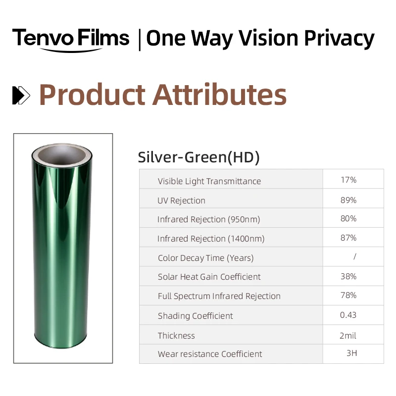One Way Vision Silver Green HD Glass Tint Roll Solar Heat Insulation Light Filter Privacy Protection For Home And Car Windows