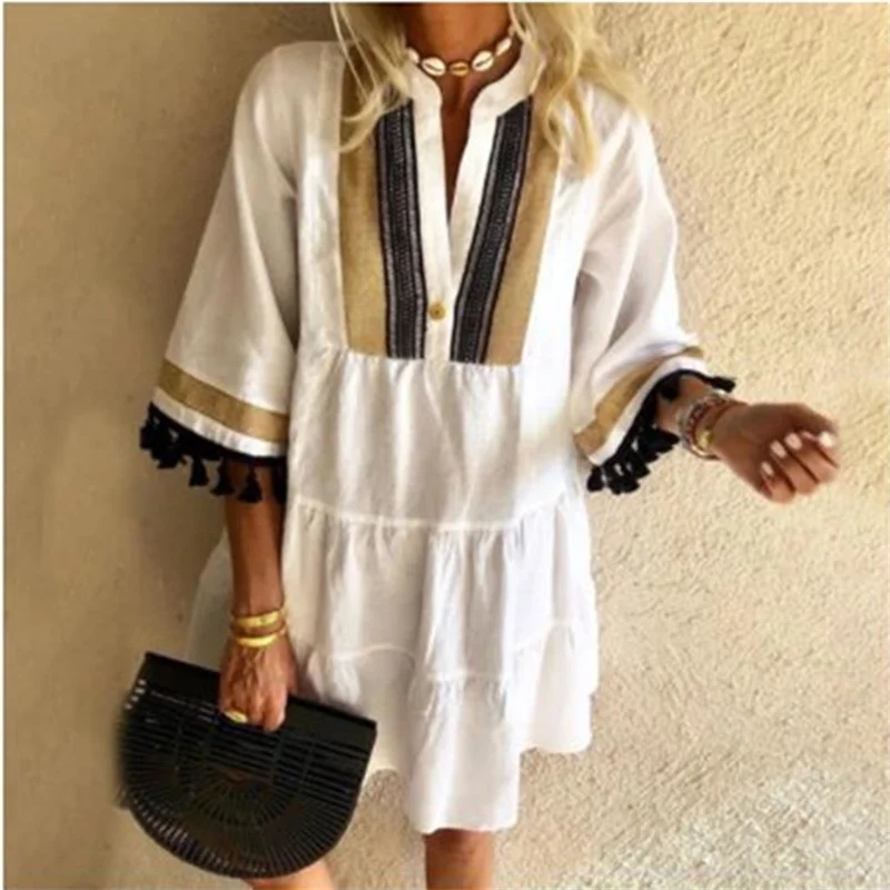 Women Button Splice V Neck Dresses Elegant Print Tassel Seven-quarter Sleeve Midi Gown Urban Comfortable Casual Female Dress New