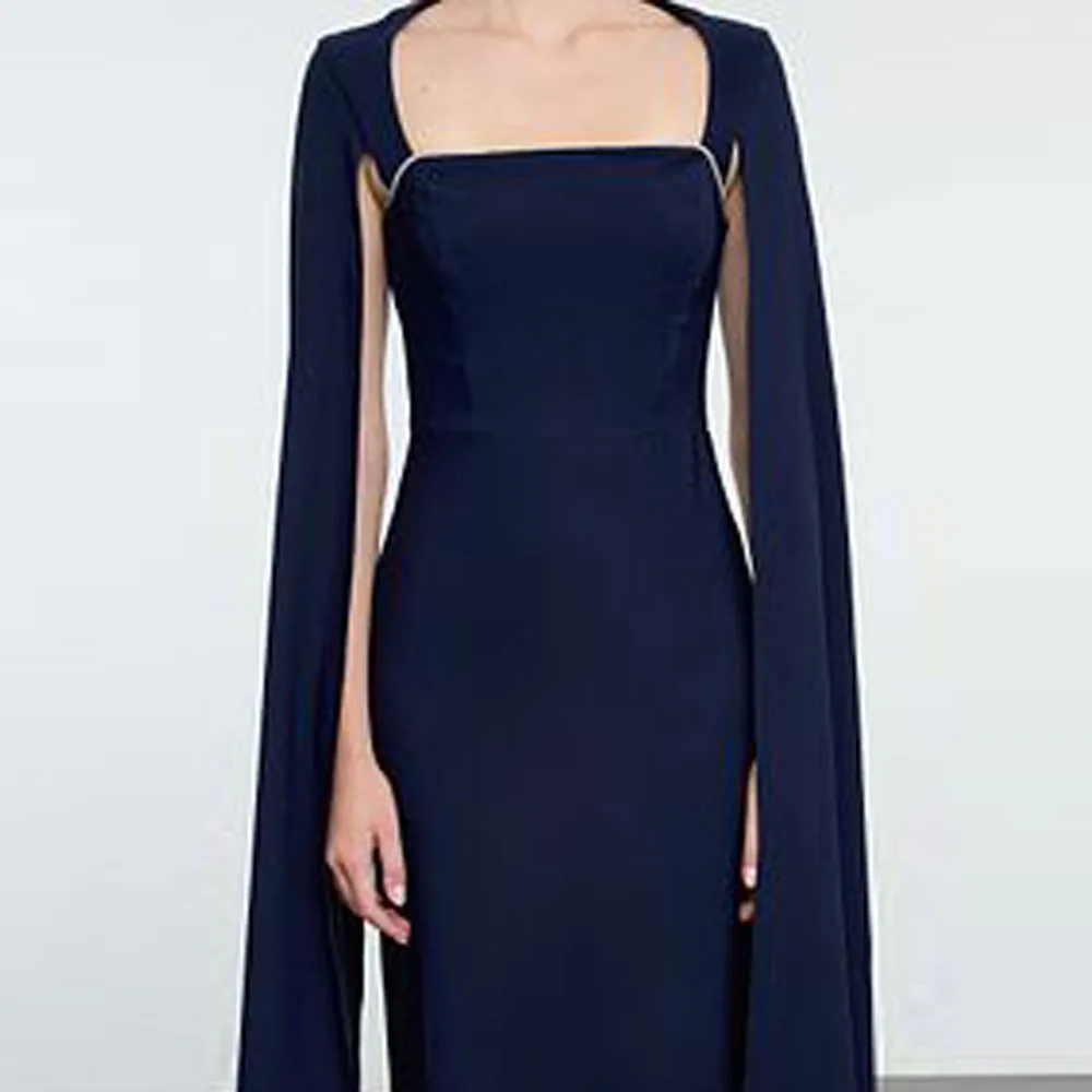 맞춤 제작 네이비 블루 안감 없는 우븐 롱 스타일리쉬 이브닝 드레스 나이트 졸업 드레스, 케이프 슬리브 스퀘어 넥 새틴 드레스