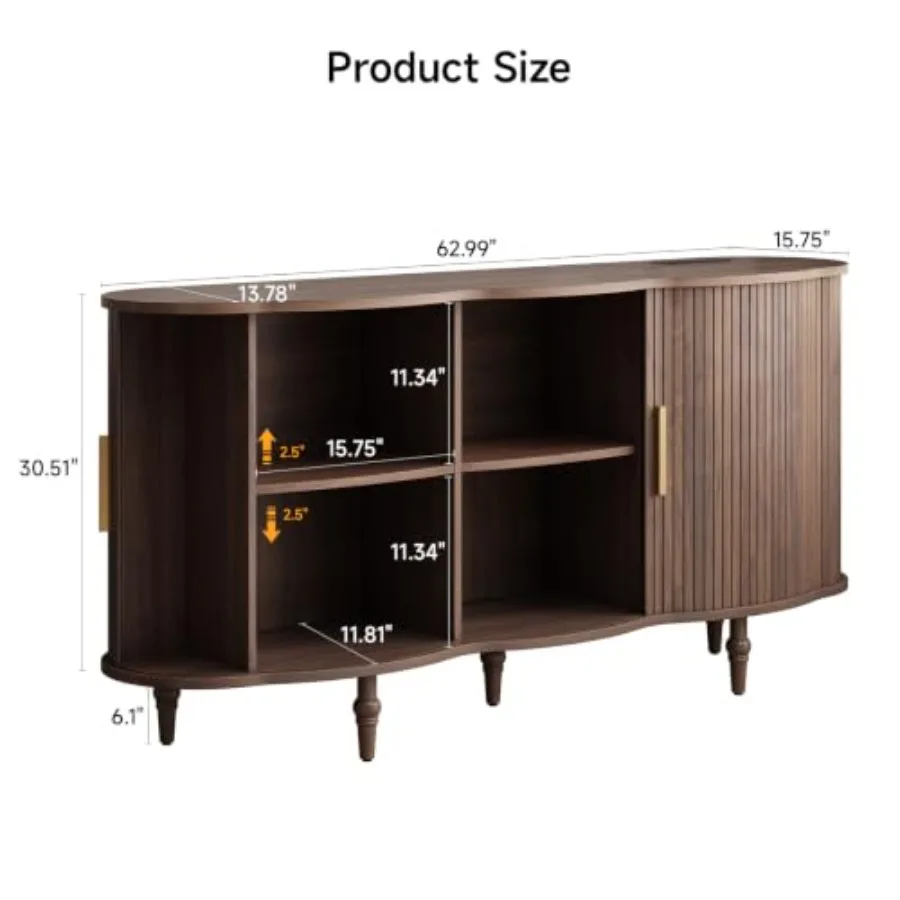 63 Fluted Sideboard Buffet Cabinet with Storage for Dining Room, Walnut Wood, Warm Brown, Elegant Vertical Grooves Ample Concea