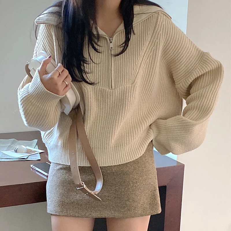 Chic paresseux Sle fermeture éclair rayé Design bulle ample Sve pull tricoté pour les femmes trajet Sle Long Sve couleur Pure