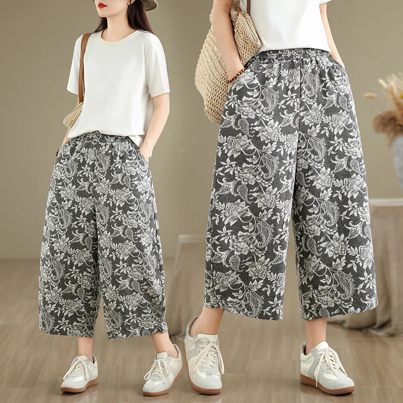 

Летние новые широкие брюки в стиле ретро с вышивкой из 00% льна, женские тонкие прямые повседневные брюки с эластичной резинкой на талии, девять очков