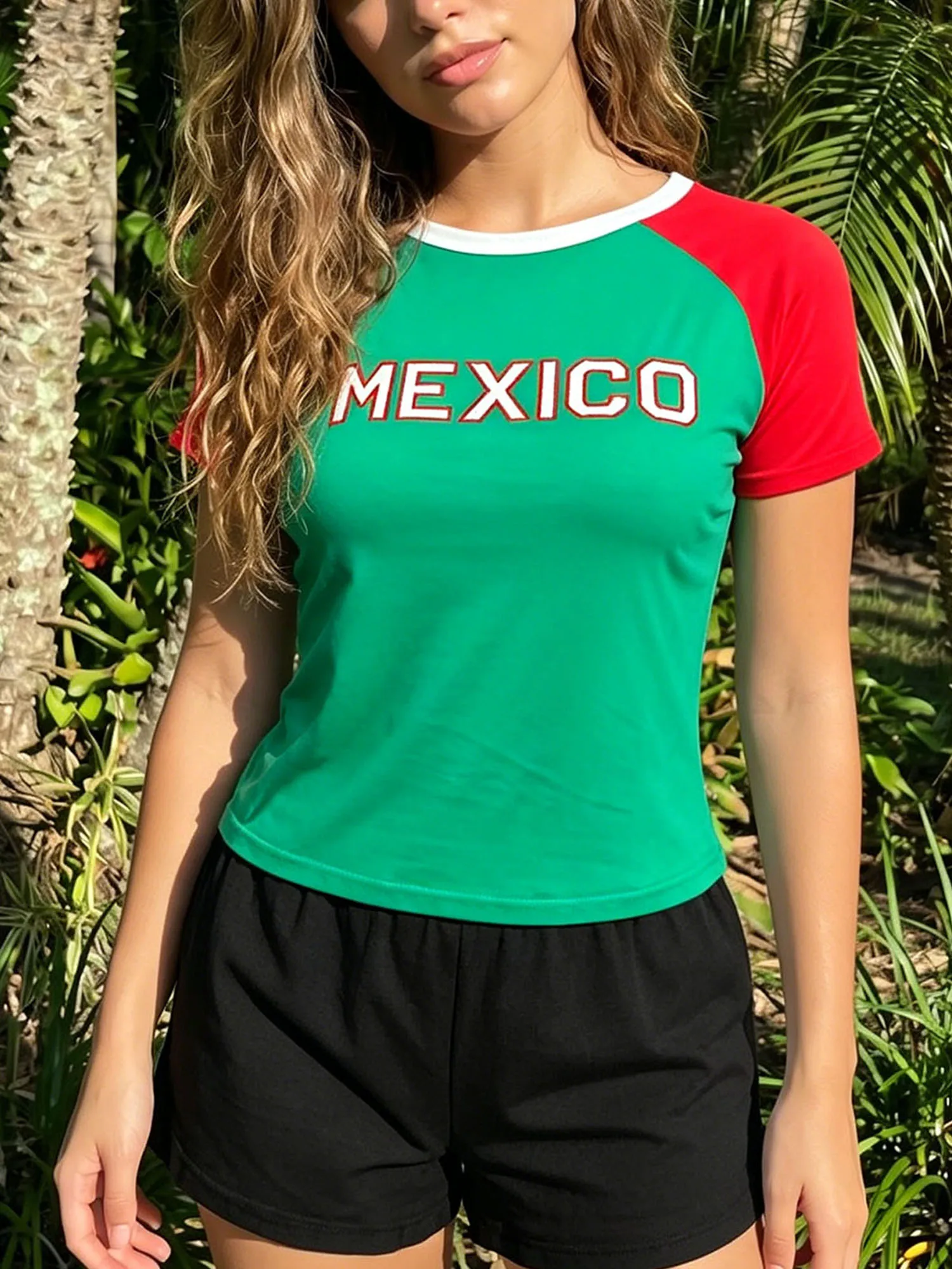 Women Baby T-Shirts Letter Embroidery Patchwork Crew Neck Short Sleeve Brazil Shirt Summer Fashion  Fit Going Out Tops