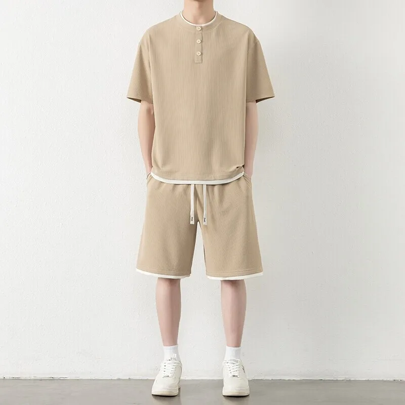 Summer Youthful Vitality Sports Sets Men Solid Color Short Sleeve O-Neck Tees+Elastic Waist Shorts Mens Jogging Casual Sets