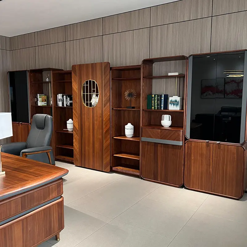 New Chinese Style Chairperson General Manager Office Solid Wood Bookcase Shelf Black Walnut Locker 2026 New