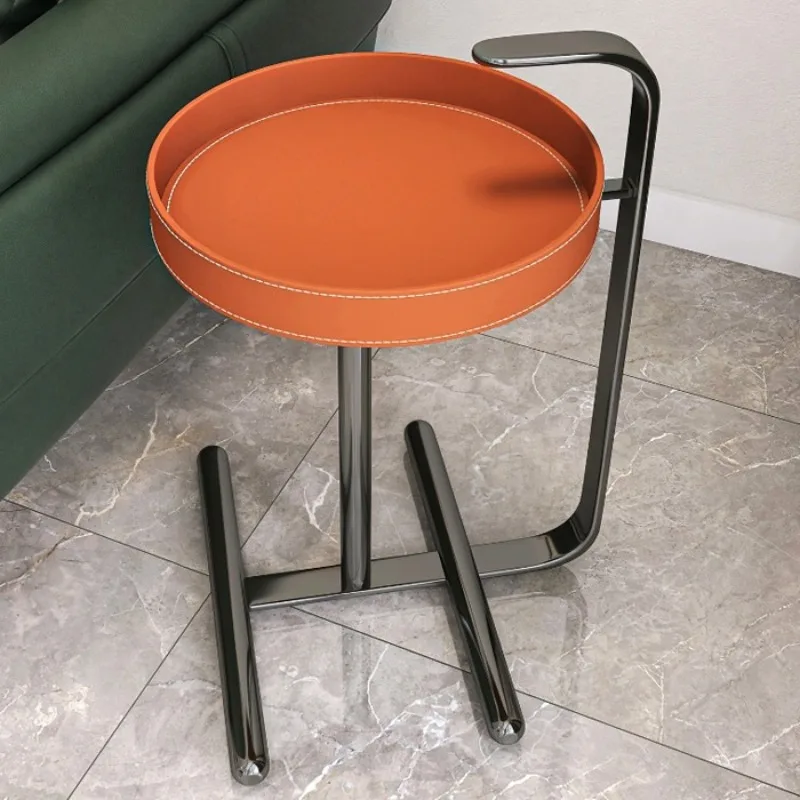 Luxury Saddle Leather Rolling Side Table, Mobile End Table with Wheels, Utility Storage Cart for Living Room