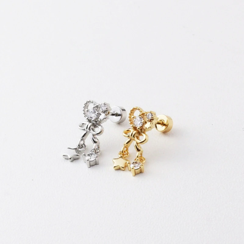 

1 PCS Cute Copper Zircon Bowknot Heart Star Drop Earring Women Helix Screw Bar Ear Cartilage Piercing Cuff Jewelry Wholesale