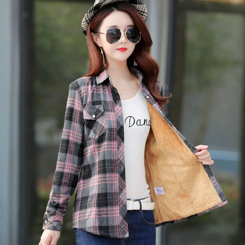 한국 슬림핏 두꺼운 겨울 셔츠 여성 다용도 레트로 긴팔 체크 블라우스 우아한 플러스 벨벳 오피스 레이디 셔츠