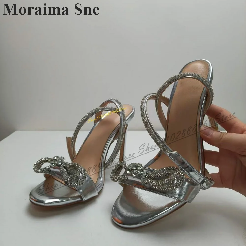 Metallic Silver Crystal Bling Sandals Thin High Heel Women Shoes Ankle Buckle Strap Open Toe 2024 Fashion Zapatos Para Mujere