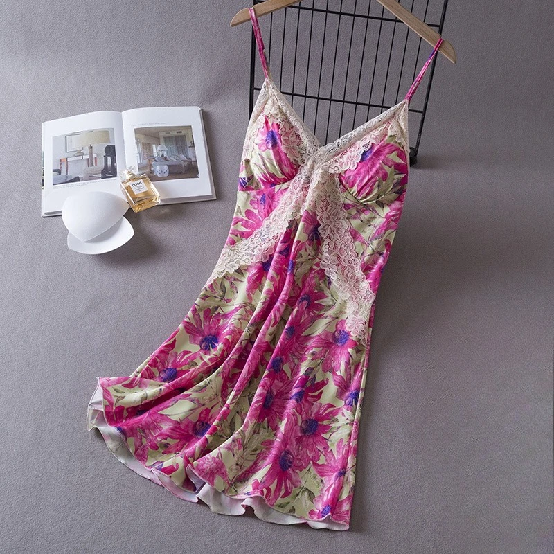 

Шелковистая атласная ночная сорочка-комбинация с кружевом для женщин, летняя, сексуальная, на бретельках, для сна и отдыха