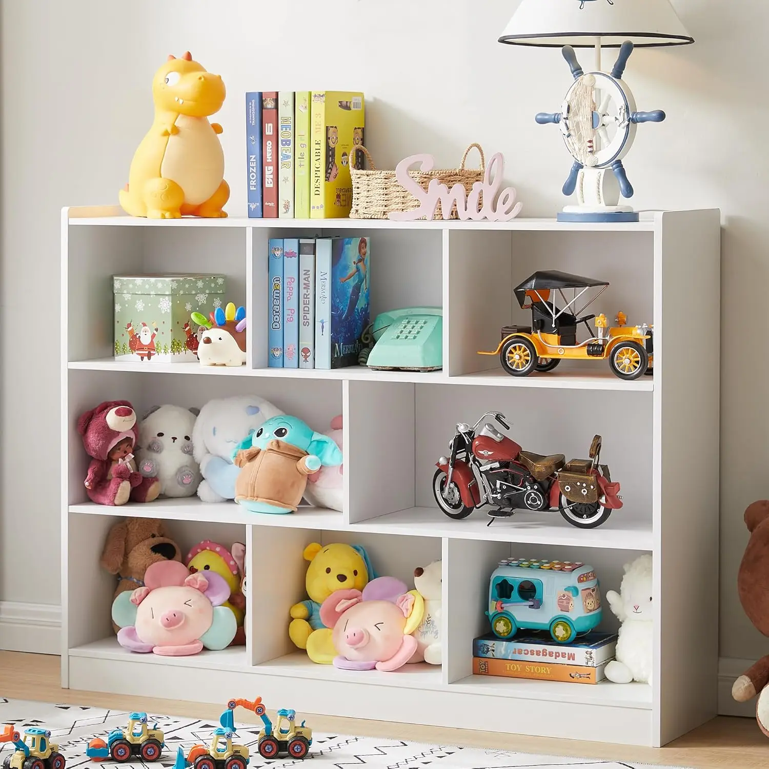 رف كتب خشبي من 3 طبقات، خزانة تخزين مكونة من 8 أقسام، باللون الأبيض