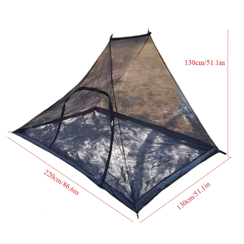 2Persons Outdoor Camping Triangle Mosquito Net Portable Travel Park Leisure Zipper Door Tent 220*130*130cm Black and Grey Mesh