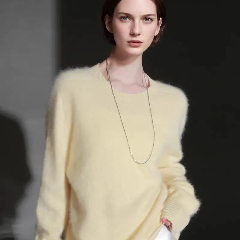 Nuevo suéter de punto de otoño invierno para mujer, cuello redondo, cepillado, suelto, a la moda, muy cálido, Top de cachemira de visón 100% de gama alta