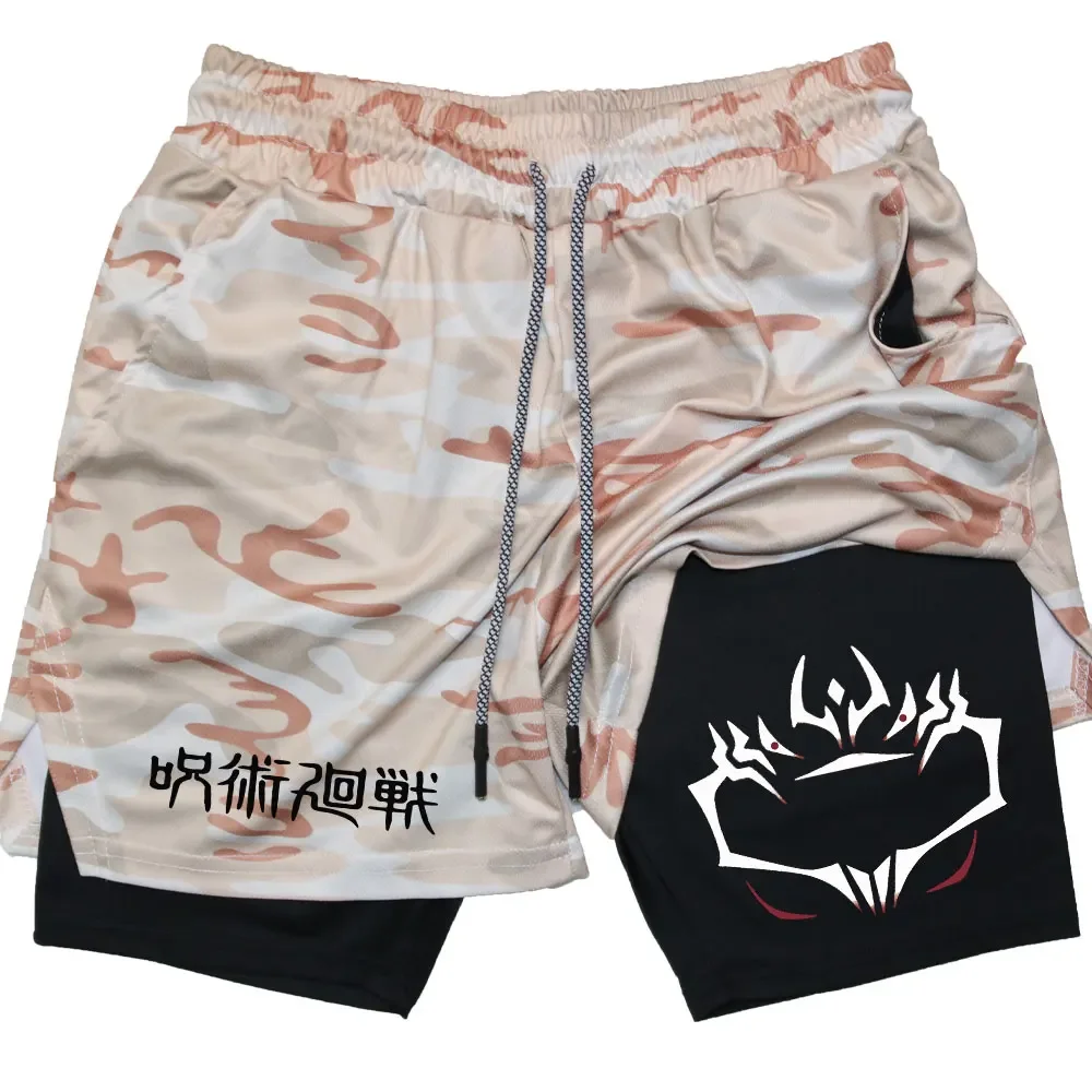 Pantalones cortos con estampado de Jujutsu Kaisen para hombre, Shorts de compresión 2 en 1 para Fitness, correr, entrenamiento