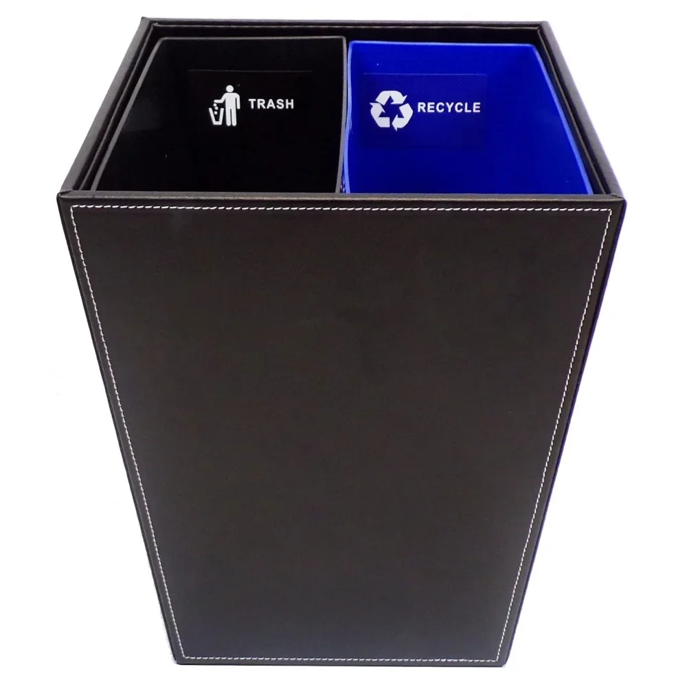 Black Leatherette Recycle Waste Bin with Dual Liners for Home or Office. 14.5 quart capacity.