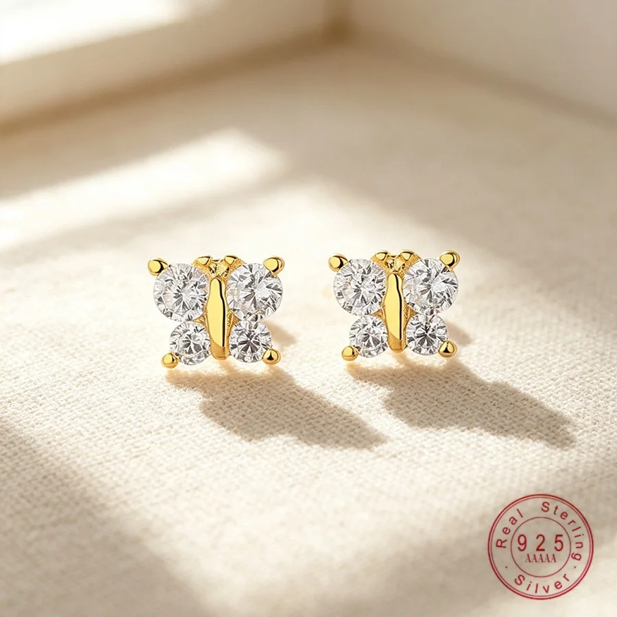 S925 Sterling Silver Butterfly Stud Earrings Plated 18K Gold Shiny Cubic Zirconia Anti-allergy Earring Women Elegant Daily Jewel