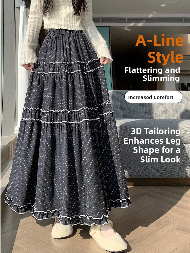 ارتفاع الخصر ألف خط f تنورة البولكا نقطة كعكة Sle الفتيات ربيع الخريف الشتاء النسخة الكورية الأزهار الدانتيل الربط تنورة
