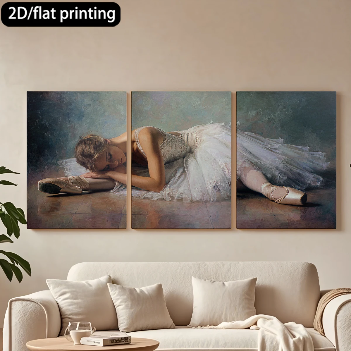 Impresión plana 2D, cuadro decorativo de lona con marco de madera de 3 piezas, bailarina durmiendo, tutú, zapatos. Decoración para pasillo y dormitorio.