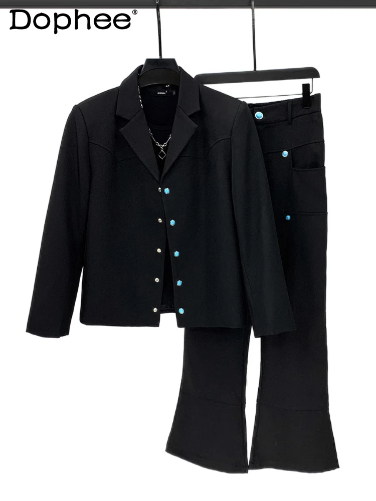 

2025 Autumn Men's Stylish 2pcs Male Chic Suit Jackets High-End Turquoise Button Blazer Jacket Tops Wide-Leg Pants Two-Piece Sets