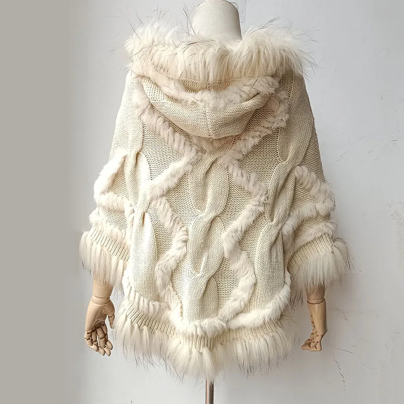 Women Winter Loose Warm Knitted Poncho With Real Raccoon Fur Stripe Female 2023 New Hooded Ponchos Cape