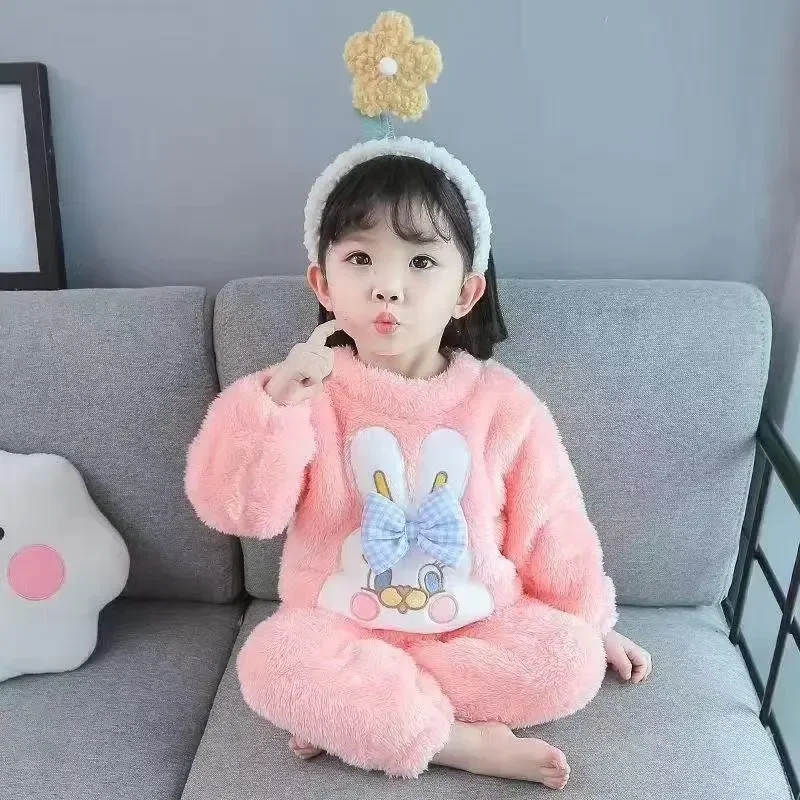 Children's Home Suit Set Girls' Autumn/Winter Korean Edition Thickened Baby Coral Fleece Two Piece Sleepwear Set