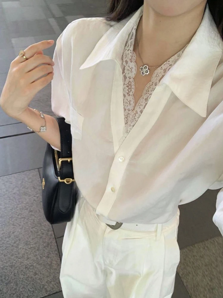 

2025 Spring Office Lady Long Sleeve Women Work White Shirt Lace Turn-Down Collar Button Up Woman Blouse Patchwork Clothing Tops