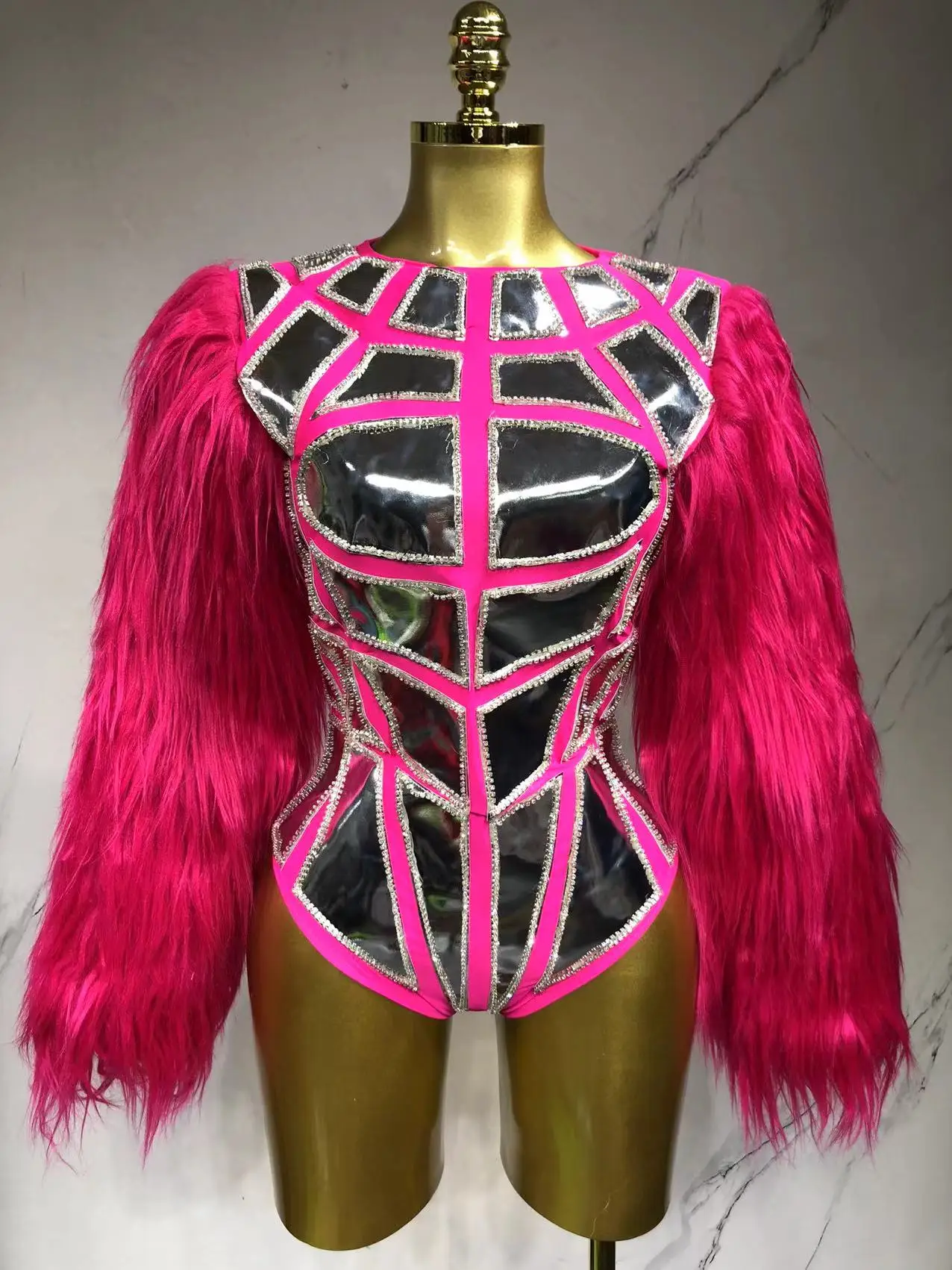 Samt Blase Ärmel Spiegel Muskel Body Nachtclub Bühne Show Catsuit Tanz Outfit Rüstung Stil Bar Weibliche DJ DS Kostüm