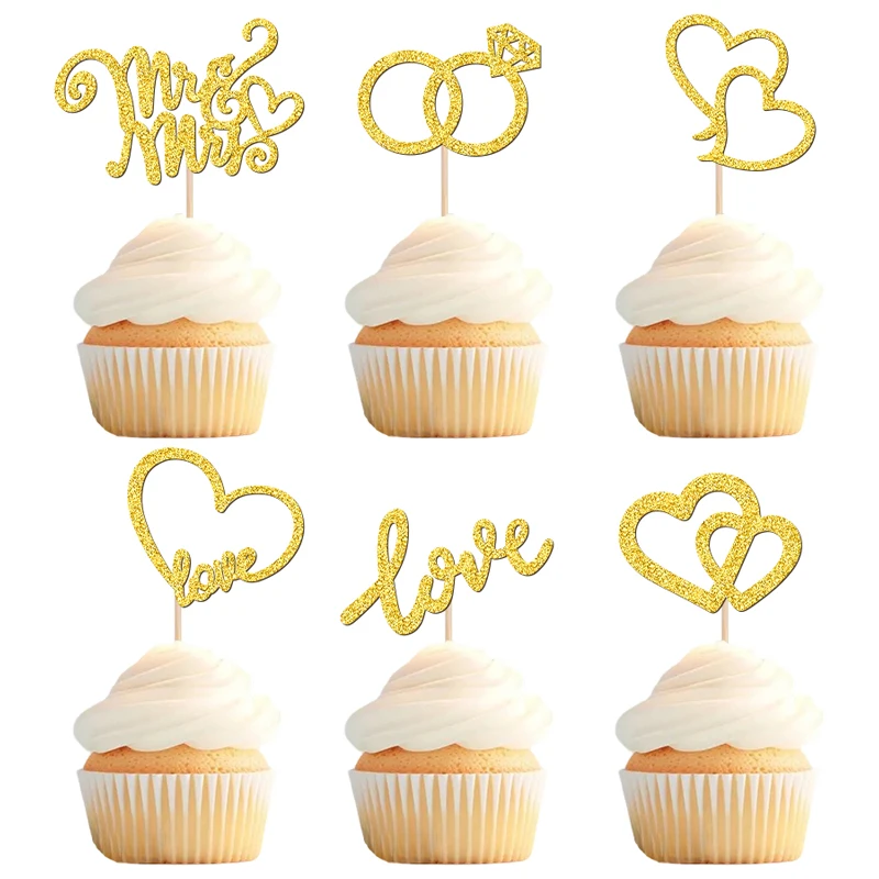 YOMDID 24 Stück Hochzeits-Cupcake-Topper, glitzernde Mr. & Mrs. Kuchenaufsätze, Doppelherzen, Liebesherzringe, Kuchenaufsätze, Hochzeitsdekorationen – Detail 7