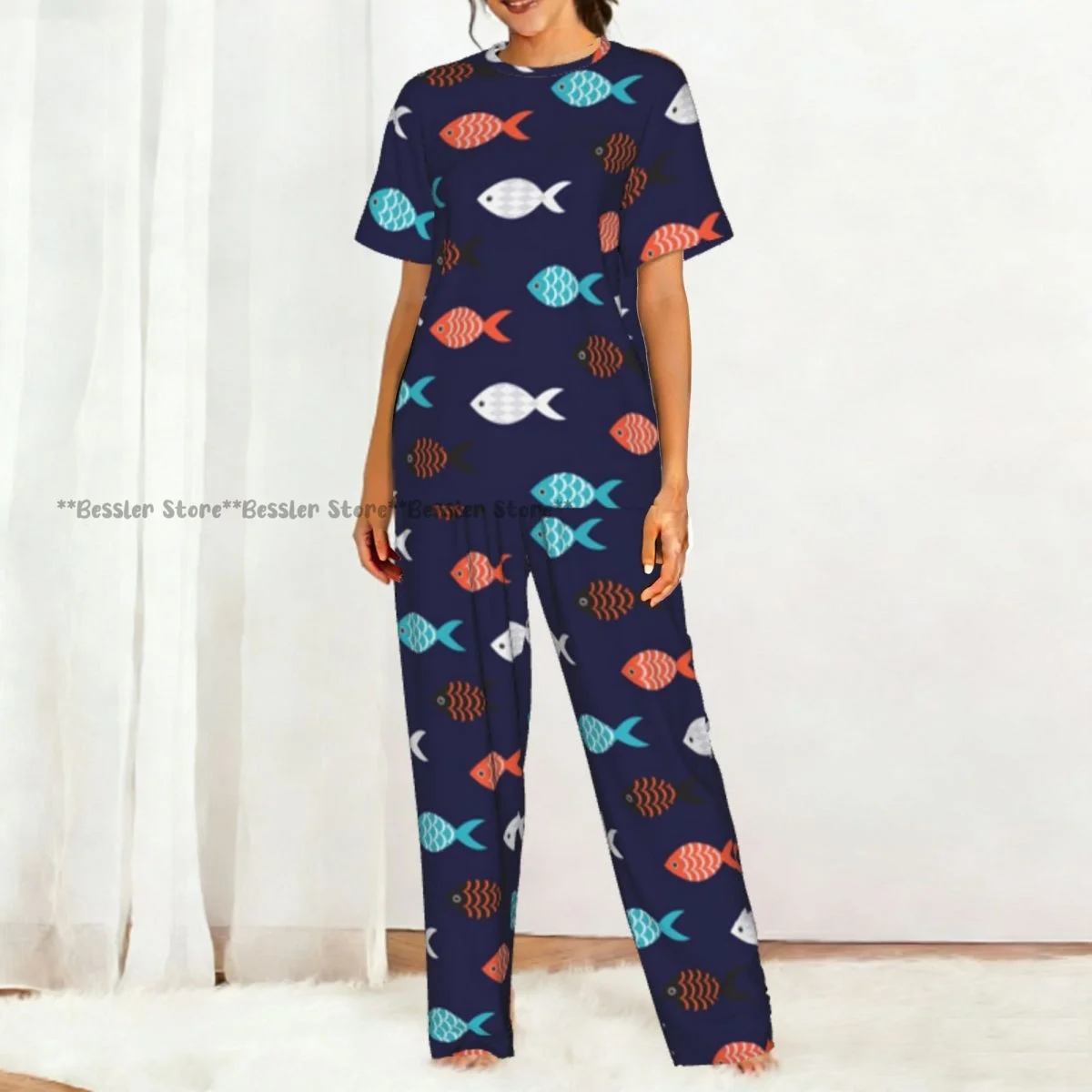 Women's Colorful Fish Pattern short sleeve trousers casual pajamas set view 5