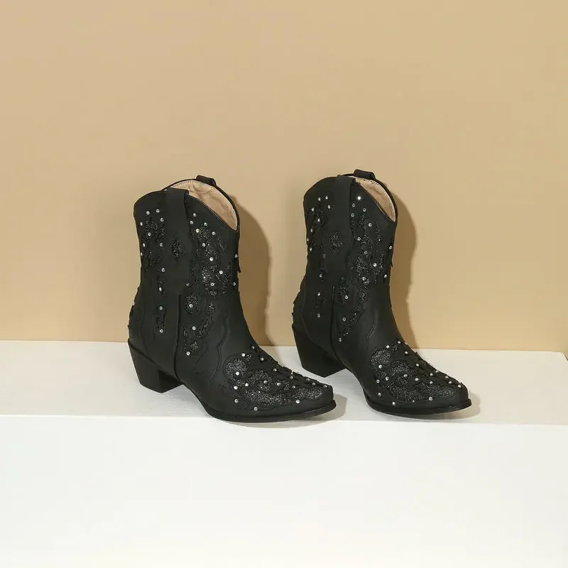 Womens Black Cowgirl Boots Ankle Boots Rhinestone Shoes Sparkly Goth Shoes Embroidered Chunky Heel Pointed Toe Cowboy Boots