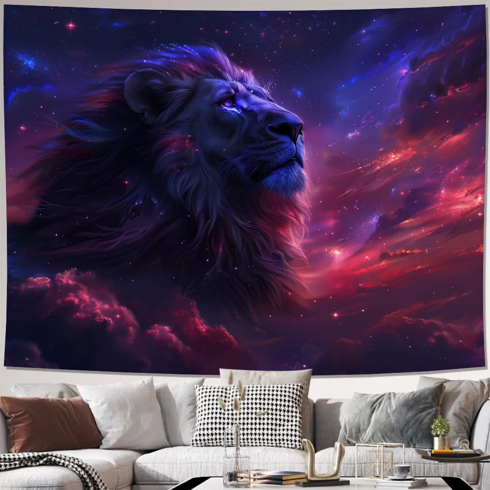 Cosmic Lion Tapestry, Noble Lion Portrait Colorful Nebula Galaxy Star Cloud Dreamy Space Animal Pattern Wall Tapestry for Indoor