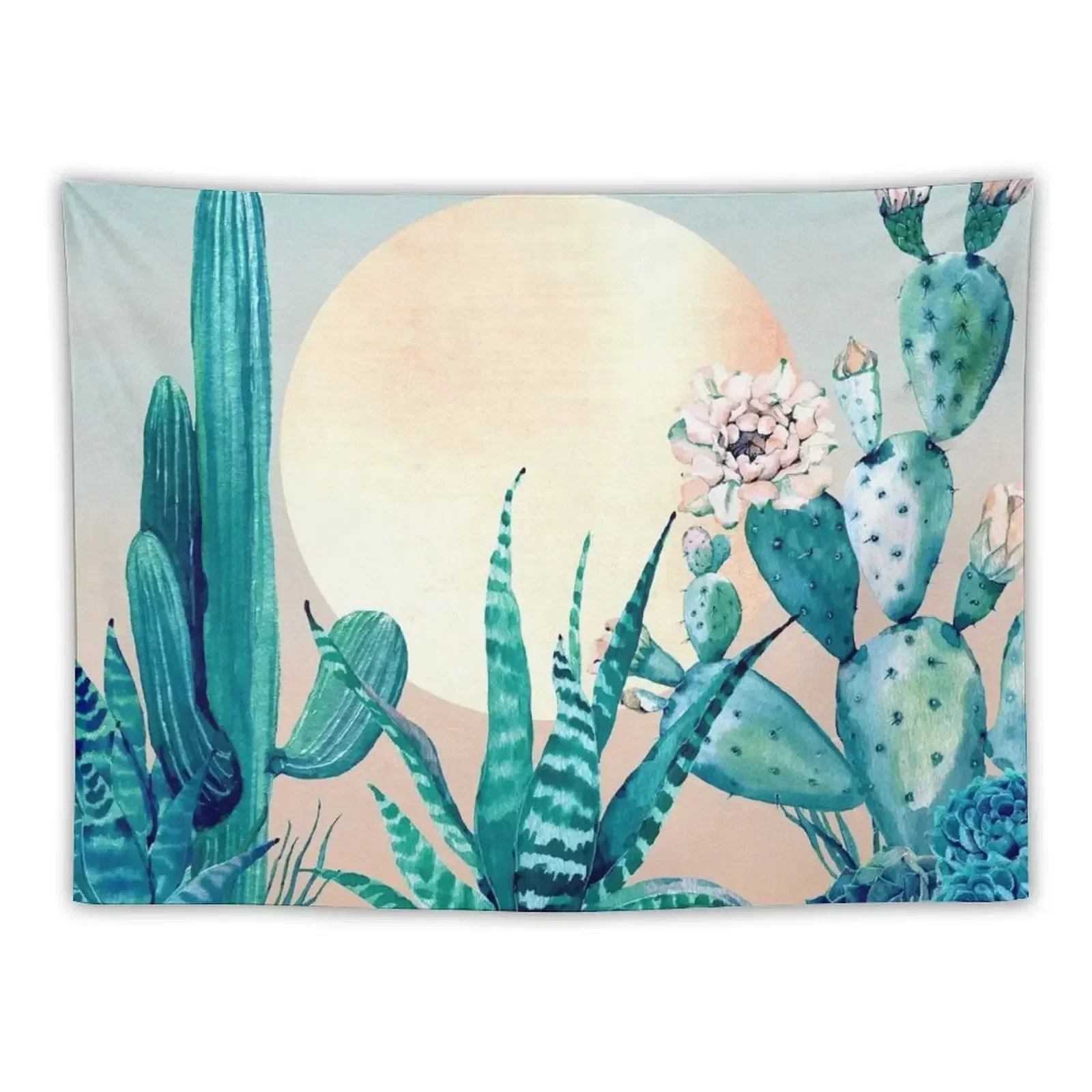 Cactus Dawn Pretty Pink and Green Desert Cacti Illustration Tapestry Room Design Home Decoration Bathroom Decor Tapestry