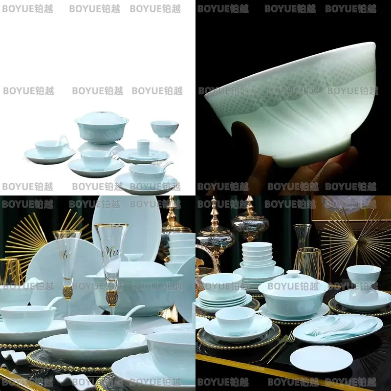 Jingdezhen Ceramic Tableware Set High Temperature Fired White Porcelain Sapphire Mud Bowl Spoon Dinnerware Service for Home
