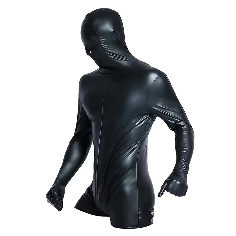 Super Cool Sexy Men Black Patent Leather Jumpsuit Vinyl Latex Bondage Catsuit Wetlook Leotard Bodysuit Bodysuit For Men 6736