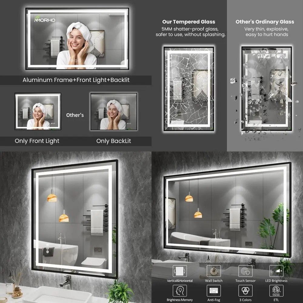 

36 x 30 Black LED Mirror with Step Dimmable, Anti-Fog, Shatterproof, Memory Function, 3 Color Options, Double LED Vanity Mirror