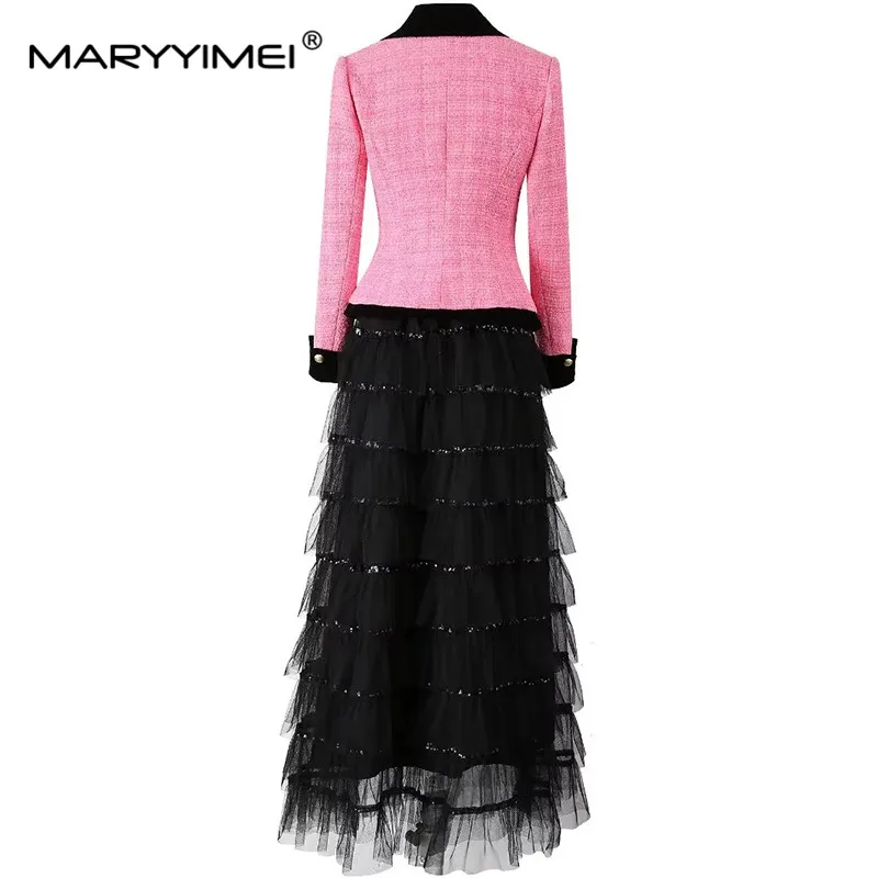 MARYYIMEI Autumn and winter Women's Suit Long-Sleeved Single-breasted Short Coat+Mesh Sequins`Ruffles Skirt 2 piece set