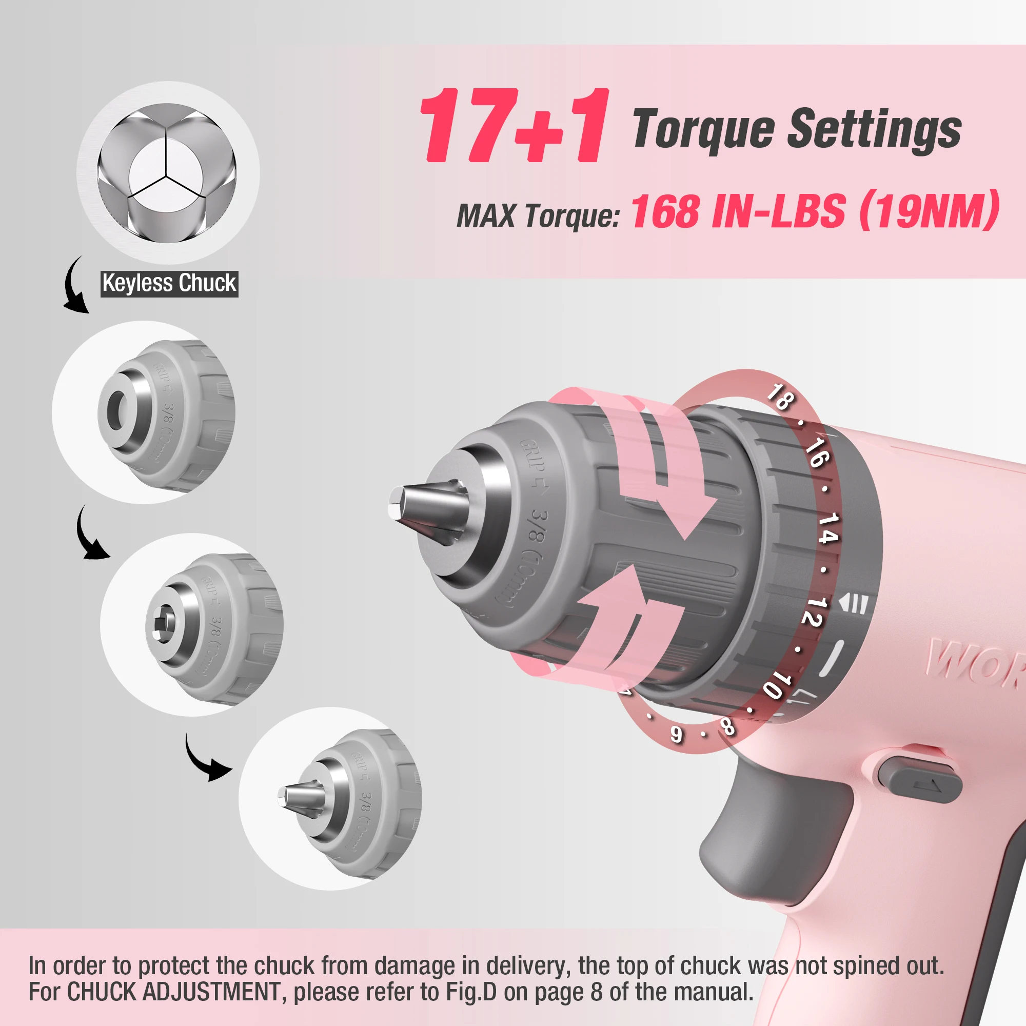 WORKPRO 12V Cordless Drill Driver Set Pink /White 17+1 Gear Torsion Adjustment Electric Power Drill Tool Kit