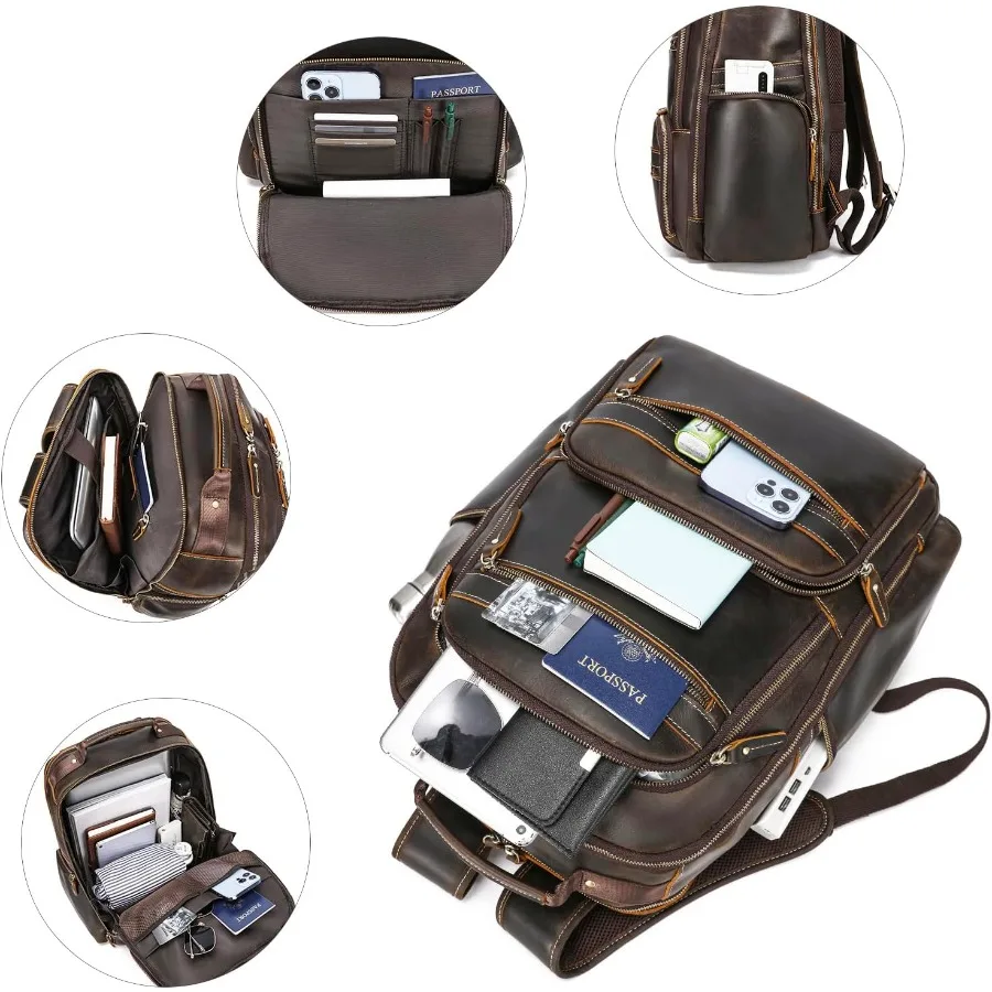 حقيبة ظهر كلاسيكية للرجال من LANNSYNE مصنوعة من الجلد المحبب بالكامل تناسب كمبيوتر محمول مقاس 17.3 بوصة حقيبة كتف كبيرة غير رسمية للسفر/التخييم/H #4