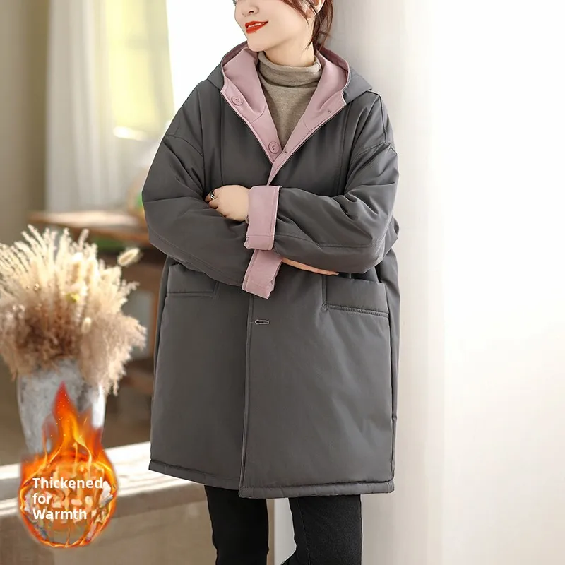 Thiened algodão jaet outerwear casual com capuz dupla face usar comprimento médio cor pura feminino commute sle roupas