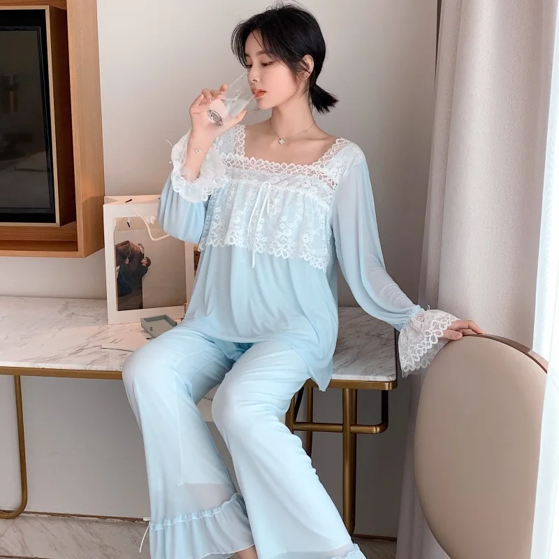 French Vintage Lace Women Pajamas Two-piece Suits Women Long Sleeve Ruffles Pants Princess Sleepwear Loose Casual Home Suit