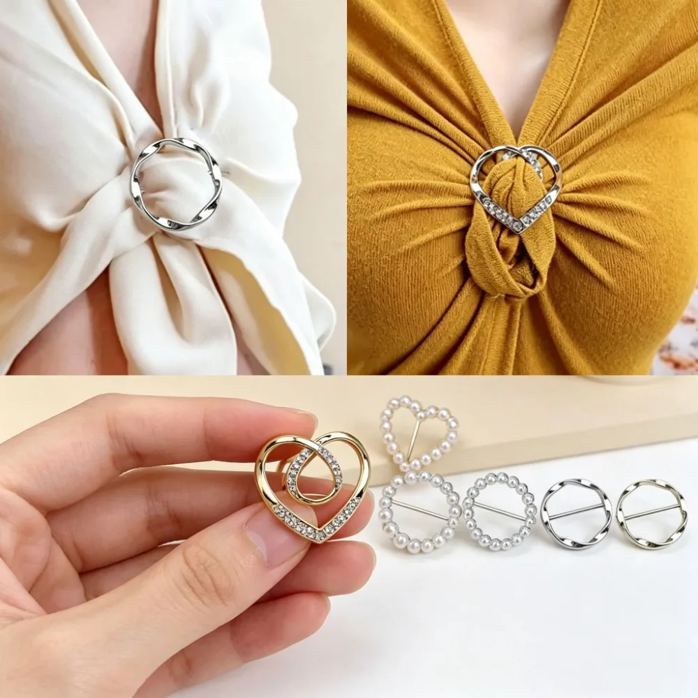 4pcs Metal Ring Knotted Brooches Scarf Button T Shirt Hem Fixed Buckle Fashion Decor for Women Girl Clothing Accessory