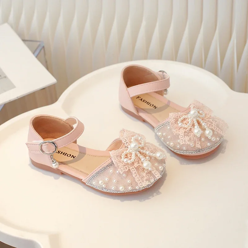 New Kids Flat Sandals Sweet Chic Summer New Sandals for Pretty Girls Pink Beige Versatile Children Fashion Causal Wedding Shoes